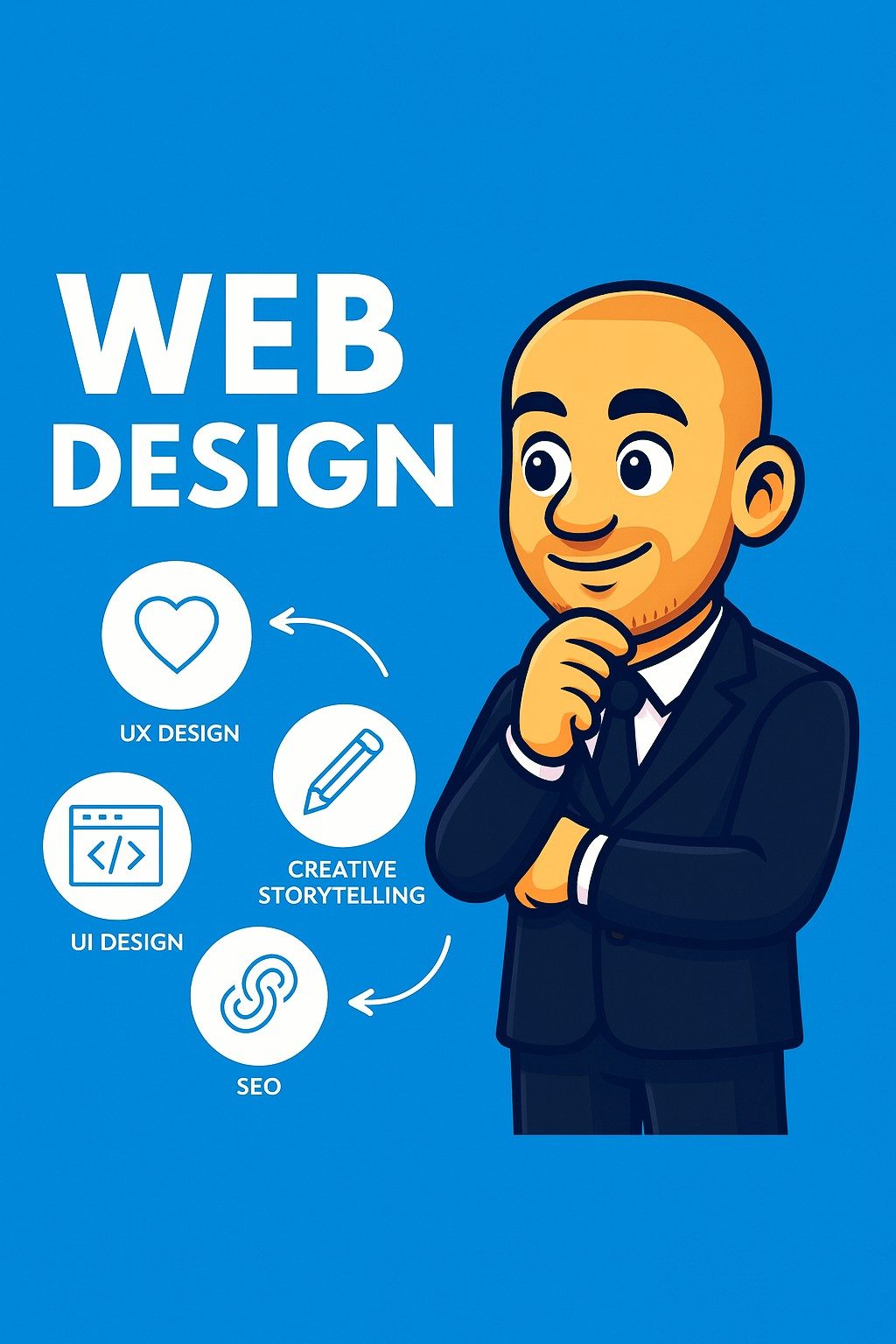 page 2 Person in a suit thinking, with web design concepts like UI/UX and SEO illustrated.