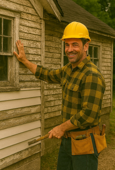 “Exterior Home Inspection – Ironclad Renovations” “Renovation worker inspecting an old wooden home while holding a hammer.”