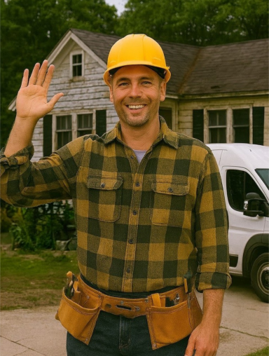 ”Exterior Home Renovation-Ironclad Renovations
“Construction worker in hard hat standing in front of a weathered home during an exterior renovation project.