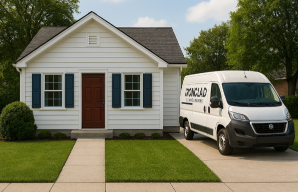 “Home Renovation Site Arrival – Ironclad Renovations” “Ironclad Renovations work van parked beside a small home before a renovation project.”